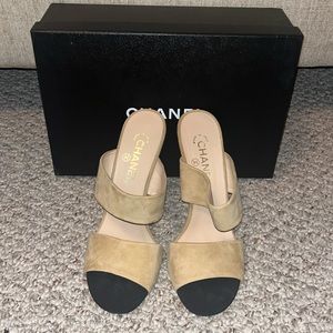 Chanel suede Beige/ Tan slide on pearl heels